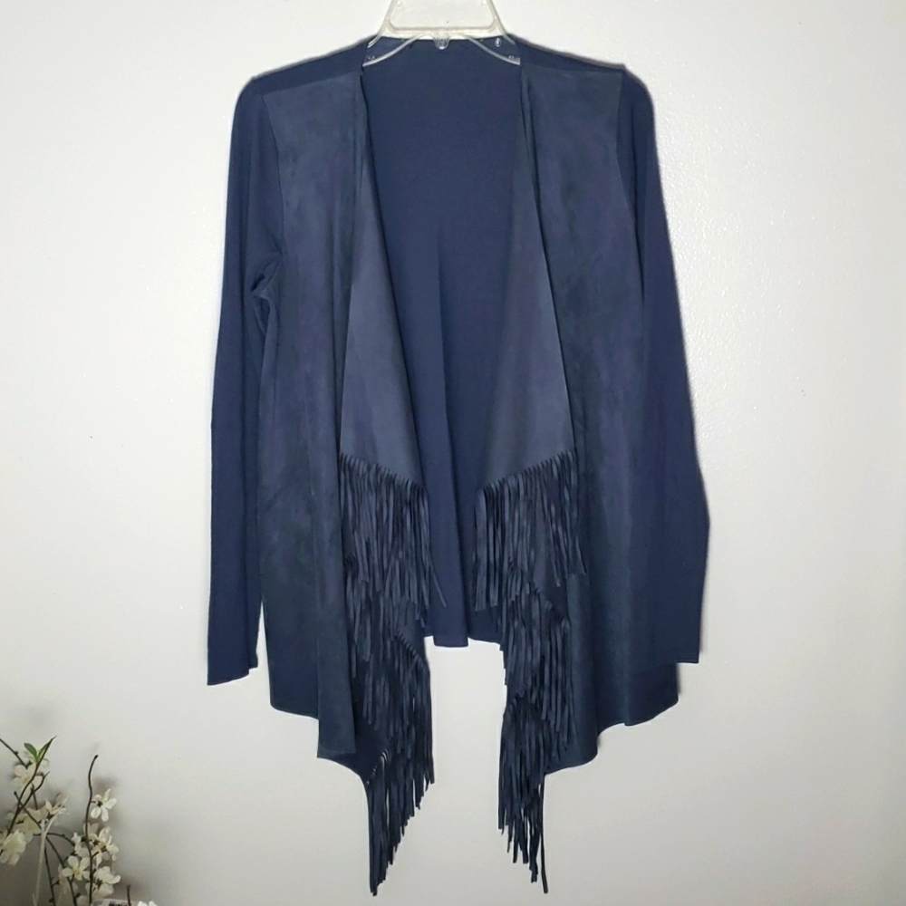 Faux suede and cotton fringe cardigan, blue. Estimated to be women's med/large